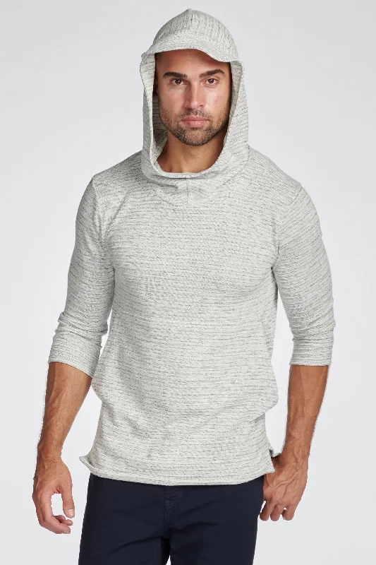 Men’s stylish printed hoodie-Men's Cambridge 3/4 Sleeve Cowl Neck Visor Hoodie Sweater - Light Grey Speck Stripe