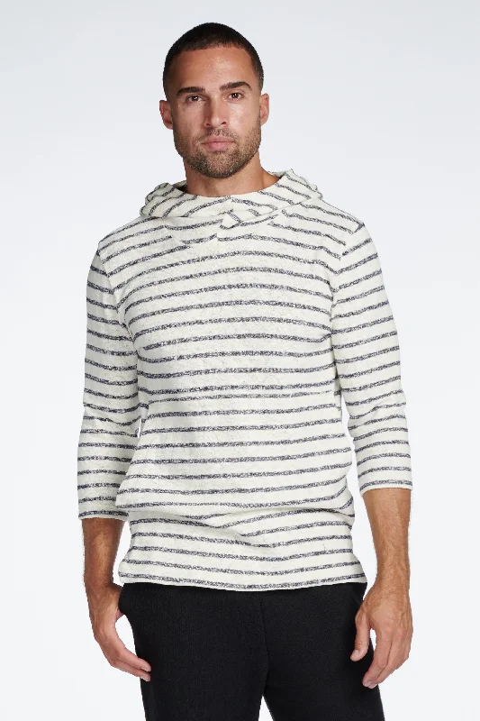 Men’s slim-fit cotton hoodie-Men's Cambridge 3/4 Sleeve Cowl Neck Visor Hoodie Sweater -  Slub Jersey Navy/Cream Stripe