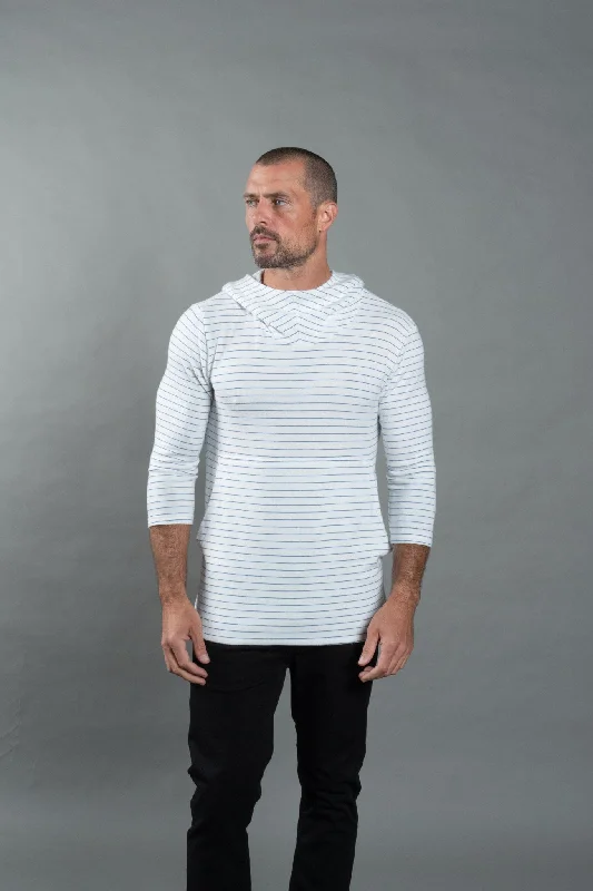 Men’s oversized black hoodie-Men's 3/4 Sleeve Cowl Neck Visor Hoodie - White & Navy Thin Stripe