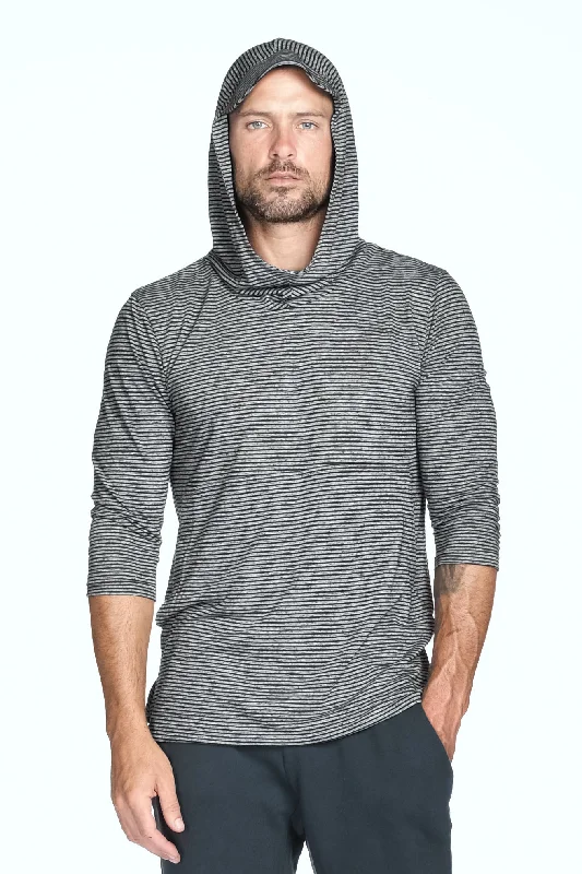 Men’s soft white hoodie-Men's 3/4 Sleeve Cowl Neck Visor Stripe Hoodie