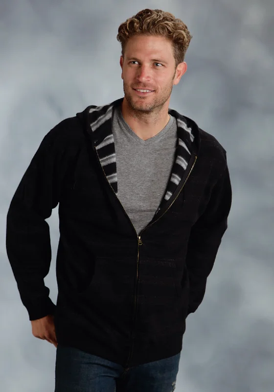 Men’s stylish gray hoodie-Ouray Mens Black 100% Cotton USA Stripes Hoodie