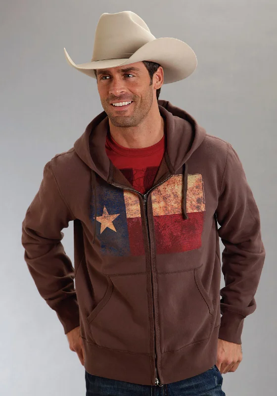 Men’s lightweight printed hoodie-Roper Americana Mens Brown L/S Cotton Blend Texas Flag Hoodie Sweatshirt