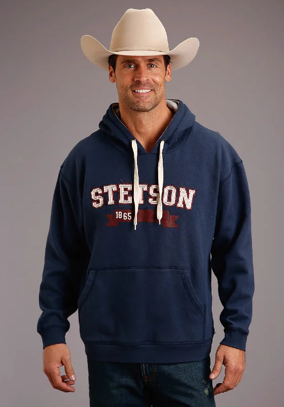 Men’s slim-fit fleece hoodie-Stetson Mens Navy Blue Cotton Blend 1865 Ribbon Hoodie