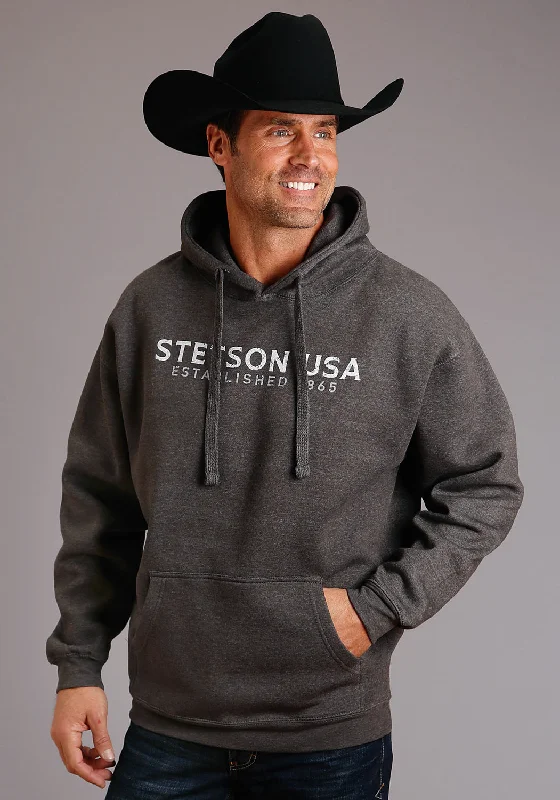 Men’s trendy black hoodie-Stetson Mens Charcoal Cotton Blend Distressed USA Hoodie