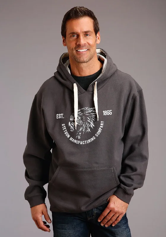 Men’s casual pullover hoodie-Stetson Mens Grey Cotton Blend Indian Head Hoodie