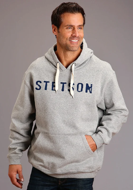 Men’s trendy fleece hoodie-Stetson Mens Grey Cotton Blend Navy Logo Hoodie