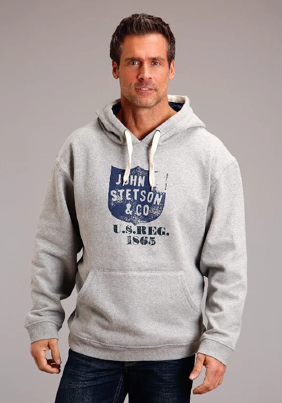 Men’s stylish fleece zip-Stetson Mens Heather Grey Cotton Blend Distressed Shield Crest Hoodie