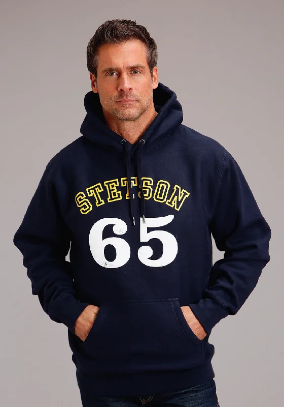 Men’s cozy graphic pullover-Stetson Mens Navy Cotton Blend 65 Fleece Hoodie