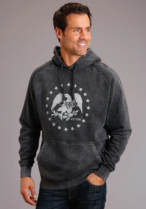 Men’s classic athletic hoodie-Stetson Mens Washed Black Cotton Blend Eagle and Star Hoodie