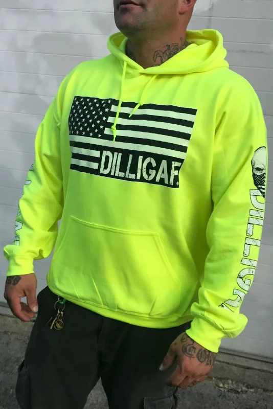 Men’s casual graphic hoodie-Support and Defend the USA SAFETY GREEN Dilligaf Pullover Hoodie