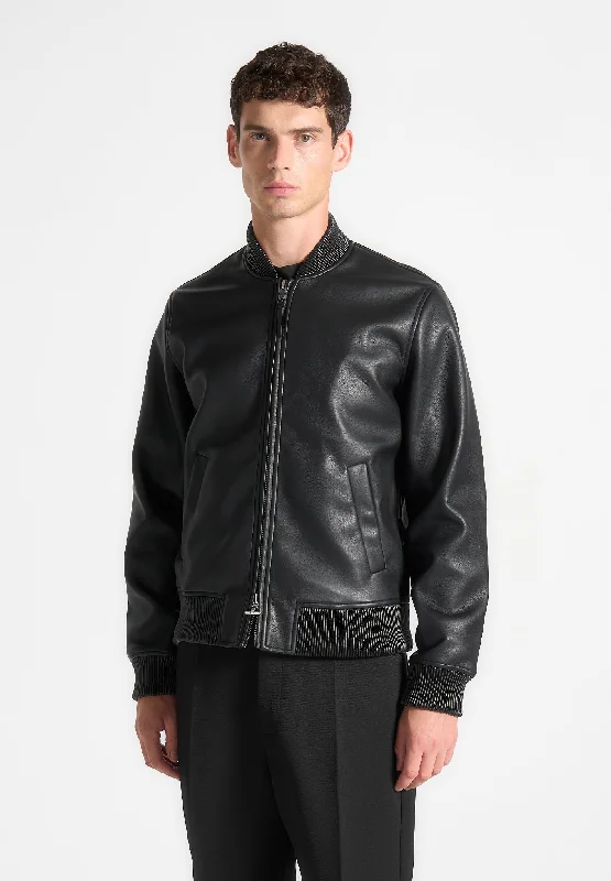 Men’s casual quilted jacket-Leather Bomber Jacket - Black