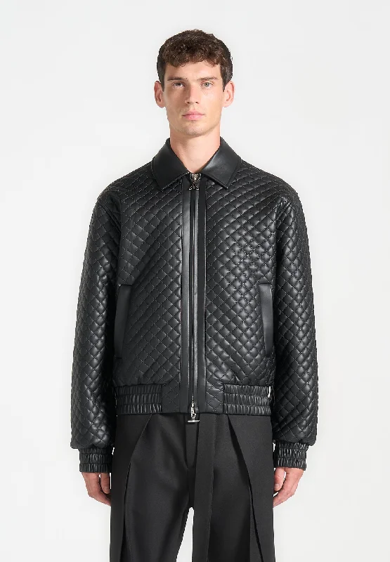 Men’s casual windbreaker jacket-Quilted Leather Varsity Jacket - Black