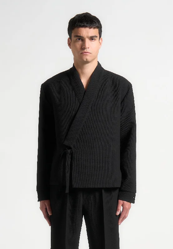 Men’s breathable rain jacket-Textured Kimono Wrap Jacket - Black