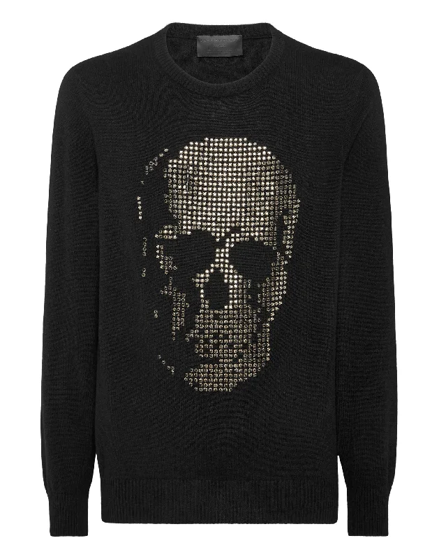 Men’s modern turtleneck sweater-Cashmere Pullover Round Neck LS Skull strass