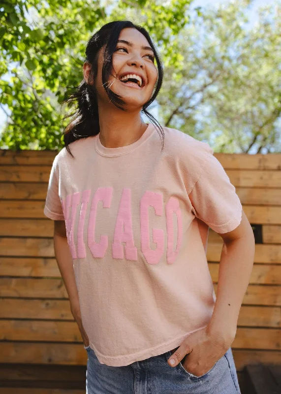 Men’s short-sleeve beach shirt-Chicago Collegiate Puff Crop Tee - Peach & Pink