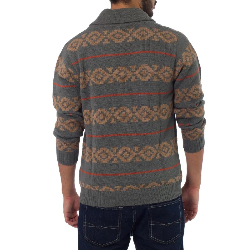 Men’s slim-fit cotton pullover-Handmade Men's Chakana Traveler' Cardigan (Peru)