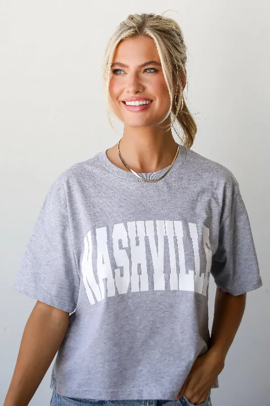 Men’s short-sleeve lightweight top-Heather Grey Nashville Cropped Block Letter Tee