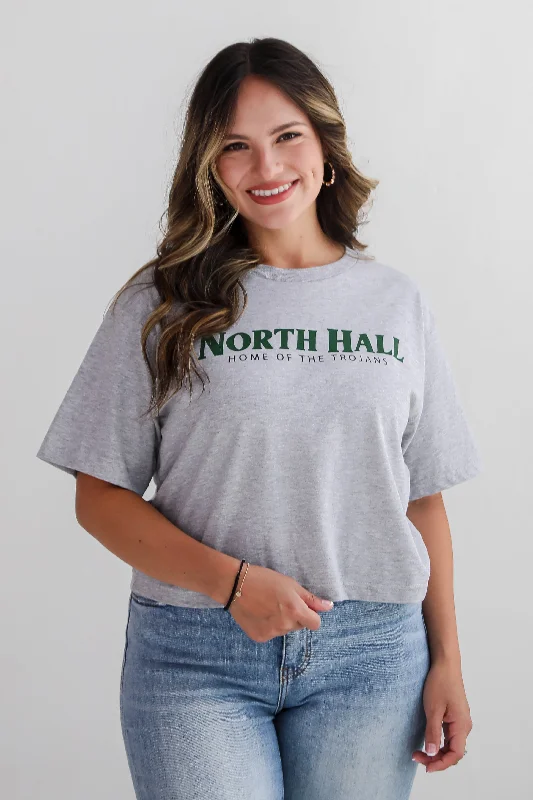 Men’s short-sleeve graphic tee-Heather Grey North Hall Home Of The Trojans Cropped Tee