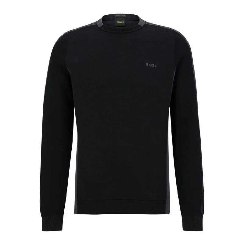 Men’s soft cashmere sweater-Hugo Boss Men's Rinos Black Cotton Sweater with Logo Detail on Sleeves