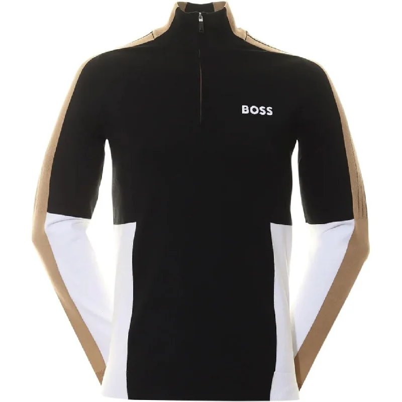 Men’s stylish crew neck-Hugo Boss Men's Zolkar Black Cotton Knit Color Block Half Zip Sweater