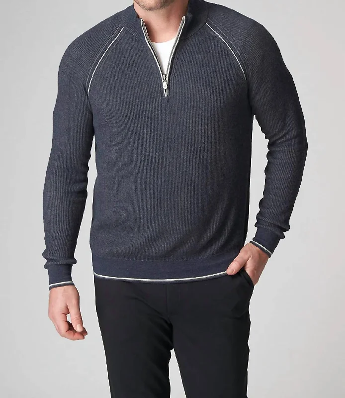 Men’s slim-fit cardigan sweater-Long Sleeve English Rib Zip Mock Sweater In Midnight