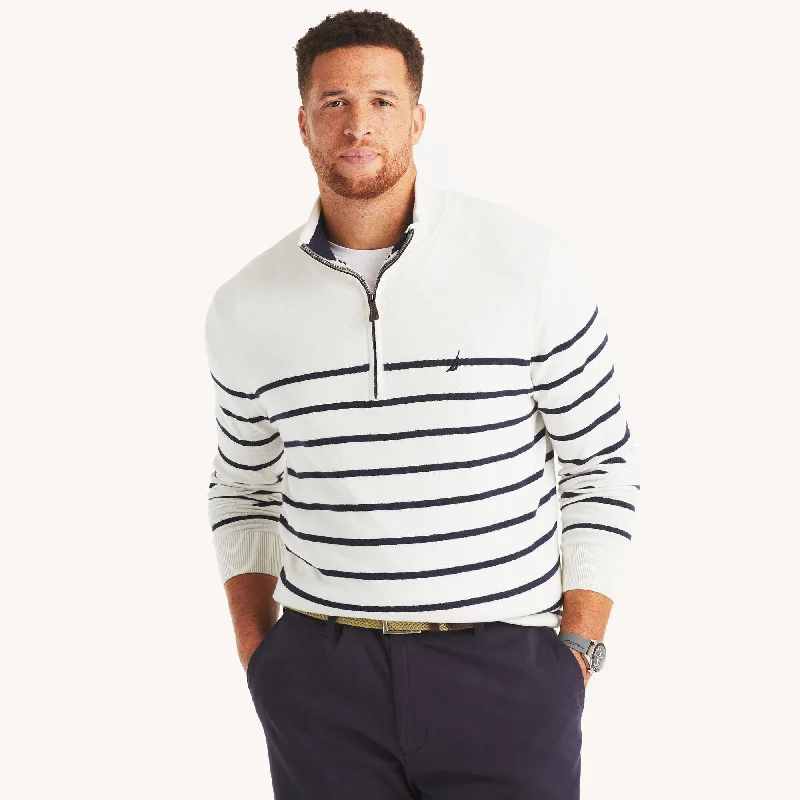 Men’s warm wool cardigan-Nautica Mens Big & Tall Navtech Striped Quarter-Zip Sweater