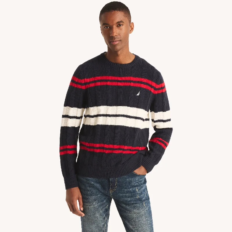 Men’s lightweight wool cardigan-Nautica Mens Striped Cable-Knit Sweater