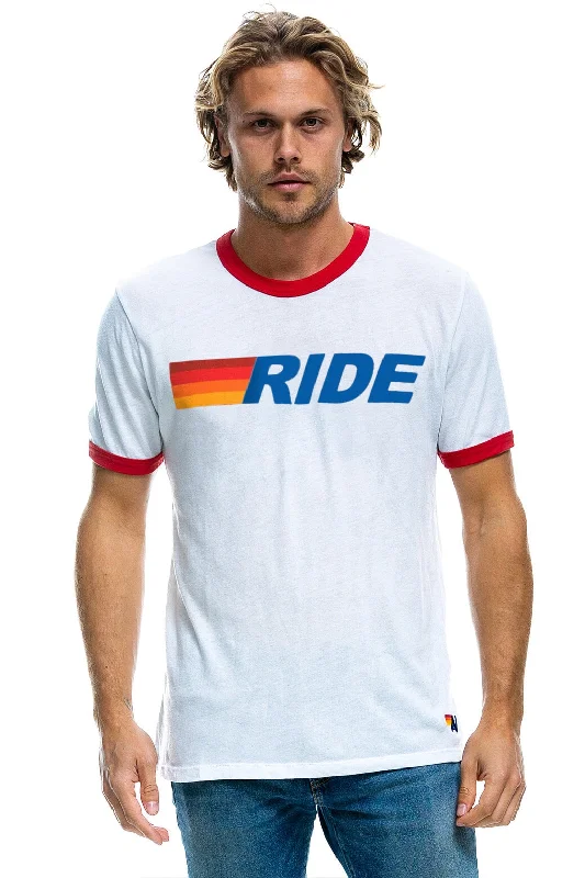 Men’s short-sleeve cool fabric-RIDE LOGO RINGER TEE - WHITE // RED