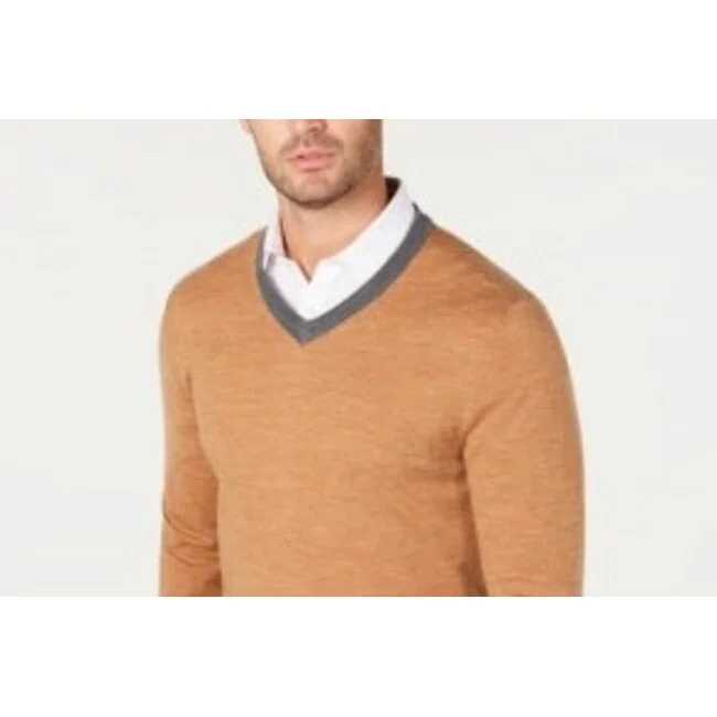 Men’s chunky V-neck sweater-Tasso Elba Men's Merino Wool Blend V Neck Solid Sweater Yellow Size Xx-Large