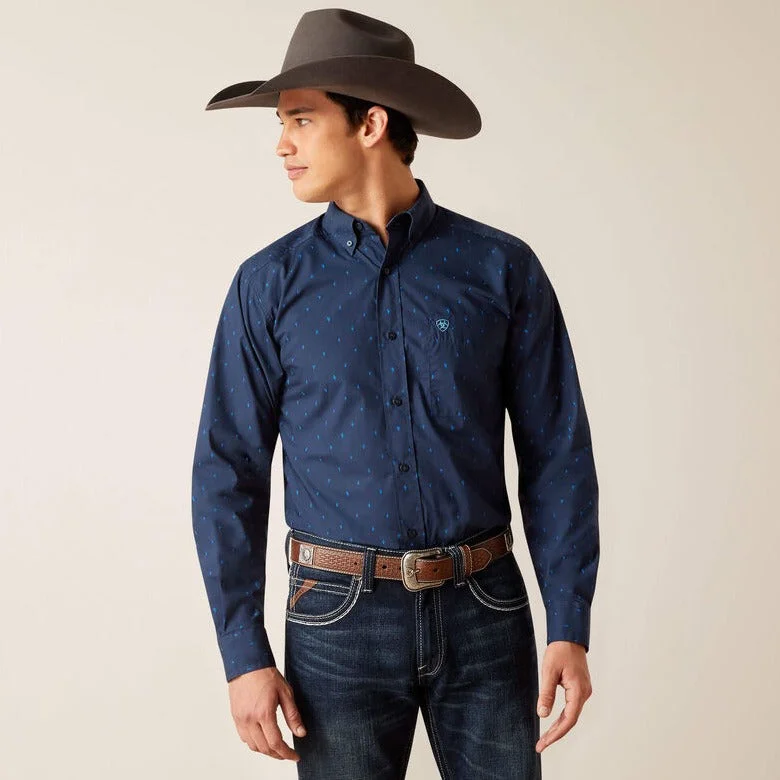 Men’s plaid casual shirt-Ariat Men's Pollerd L/S Fitted Western Button Down Shirt in Dark Blue Cactus