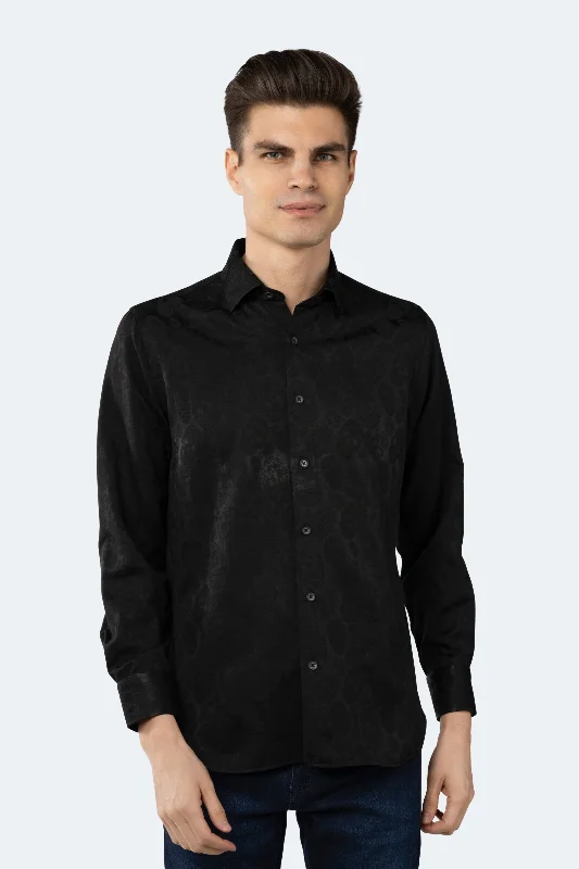 Men’s short-sleeve denim shirt-Black on Black Jacquard Skulls Shirt