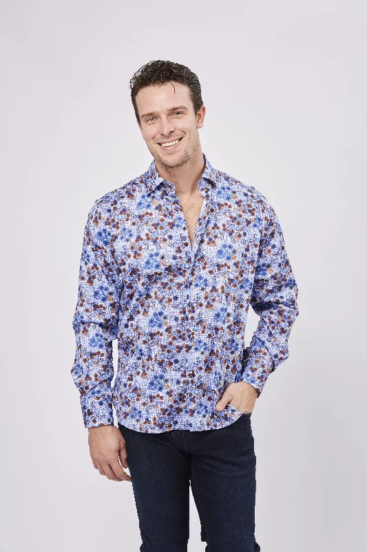 Men’s chambray casual shirt-Blue with Polka Dots and Blue and Orange Flowers