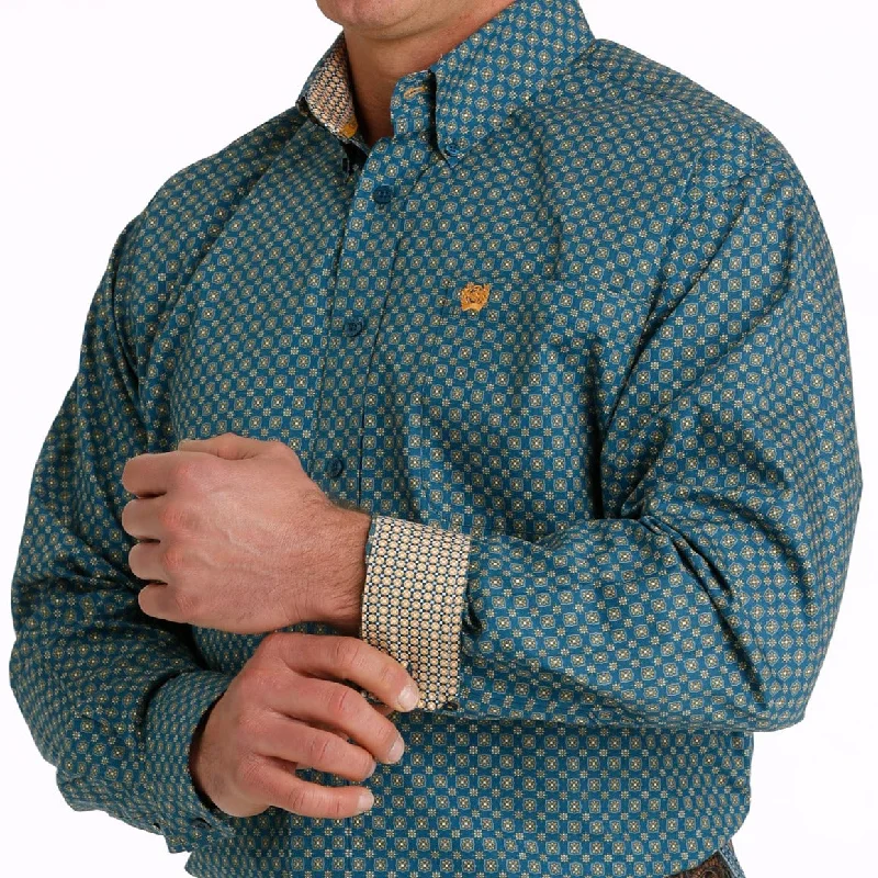 Men’s short-sleeve denim shirt-Cinch Men's Classic Fit Blue Geometric Western Shirt