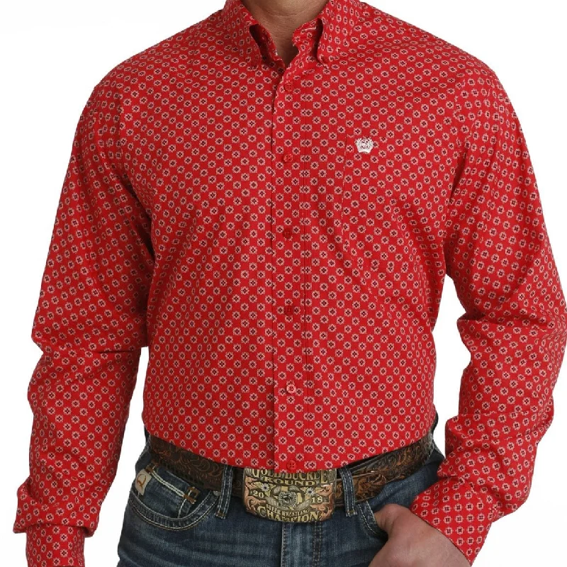 Men’s formal blue shirt-Cinch Men's L/S Classic Fit Medallion Western Button Down Shirt in Red