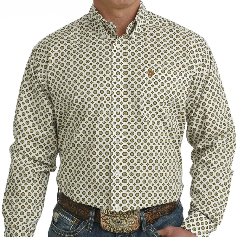 Men’s modern white shirt-Cinch Men's Long Sleeve Classic Fit White Medallion Print Button Down Western Shirt