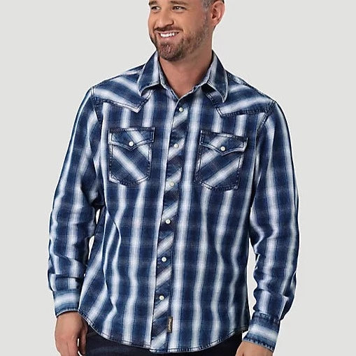 Men’s short-sleeve white shirt-Wrangler Retro Men's Premium Long Sleeve Western Snap Plaid Shirt- Indigo