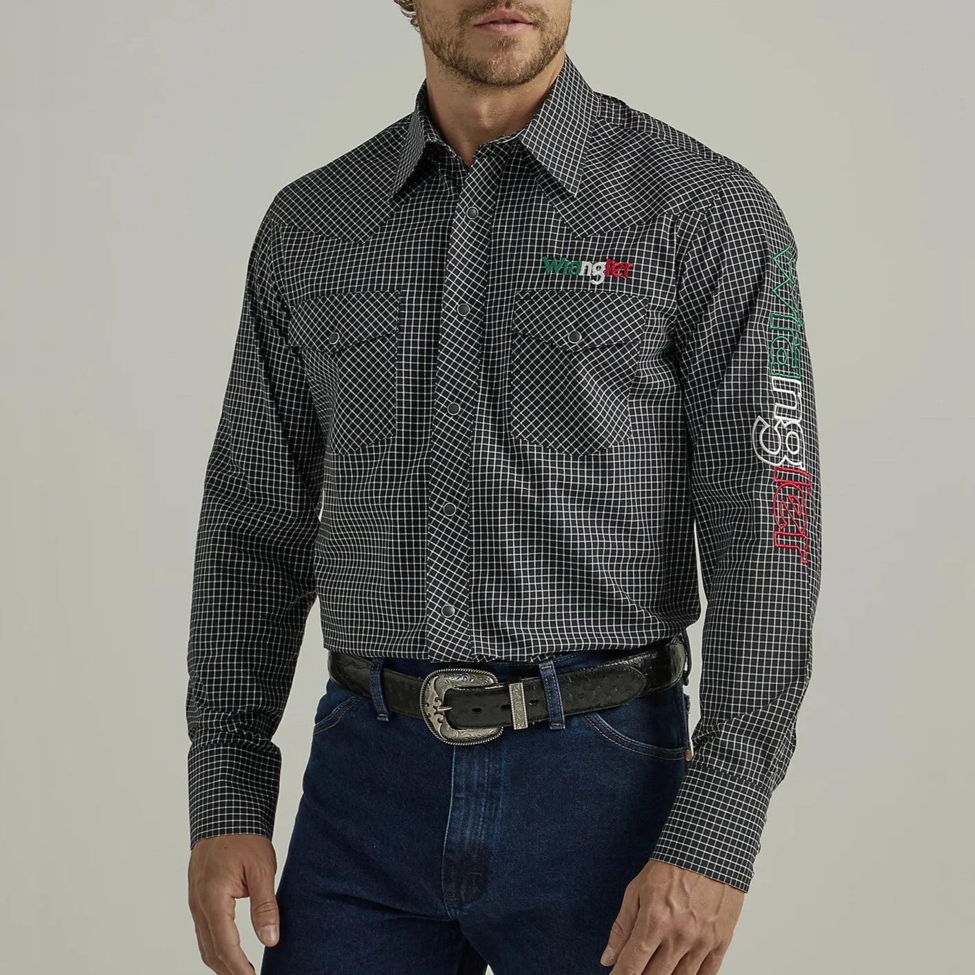 Men’s tailored denim shirt-Wrangler Men's Mexican Logo Long Sleeve Snap Plaid Shirt