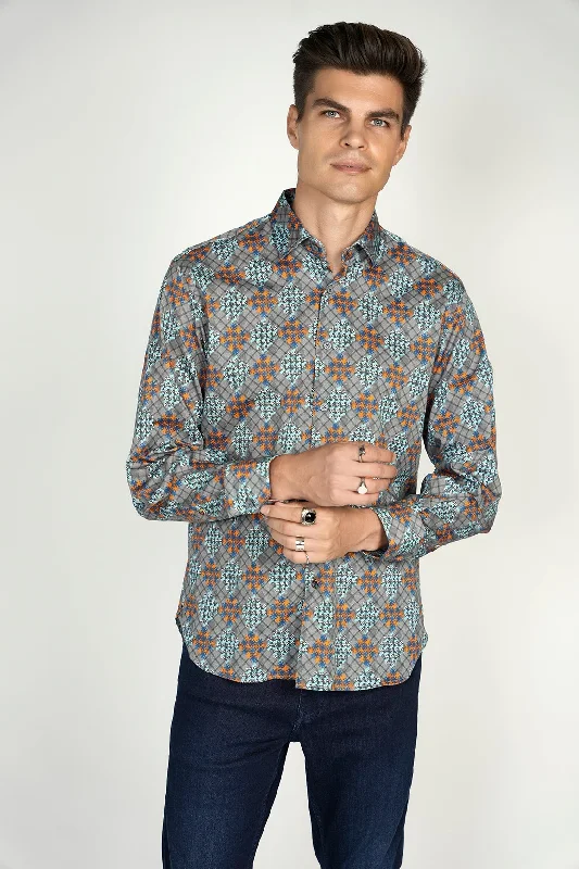 Men’s short-sleeve checkered shirt-Grey Teal Shirt Signature Collection