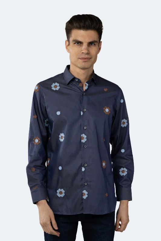 Men’s short-sleeve Oxford shirt-Independence Blue Embroidered Floral Shirt