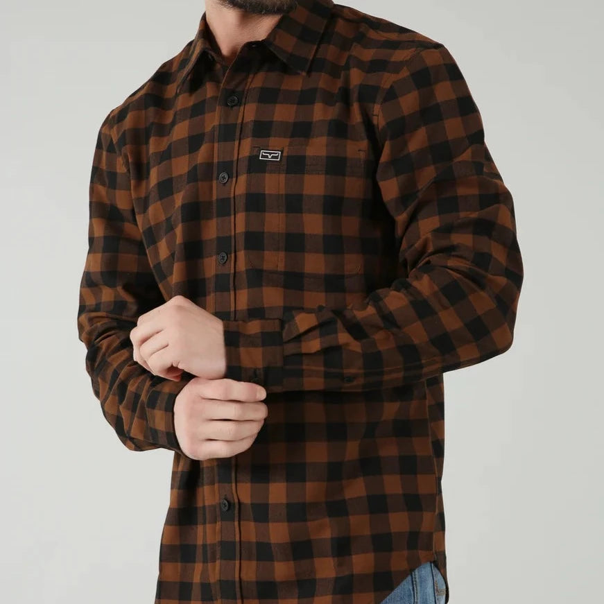 Men’s slim-fit white shirt-Kimes Ranch Men's Garrison Long Sleeve Brown Plaid Button Down Shirt