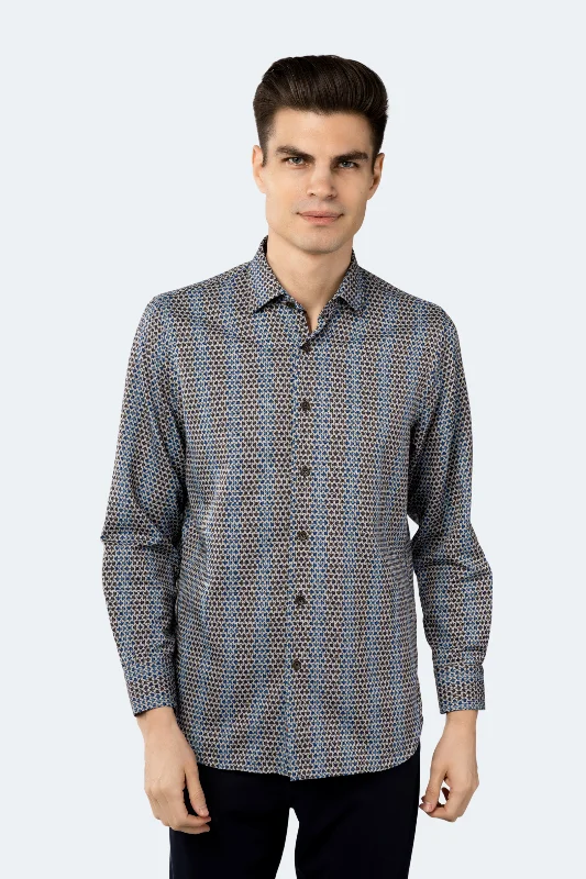 Men’s business plaid shirt-Light Grey with Navy Daggered Marks and Multi Blue Circle Shirt