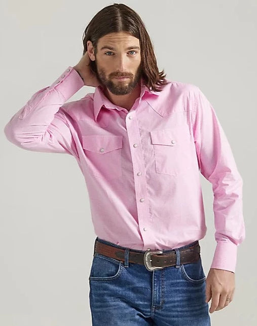 Men’s stylish white shirt-Men's Wrangler Bucking Cancer Snap Shirt in Fuschia Pink