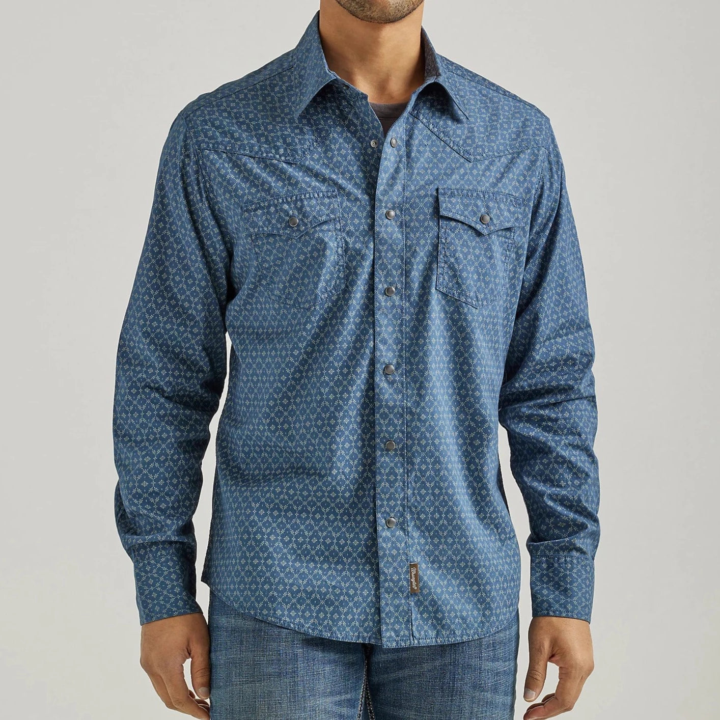 Men’s lightweight denim shirt-Wrangler Retro Men's Premium Western Snap Shirt in Blue Flower Chain