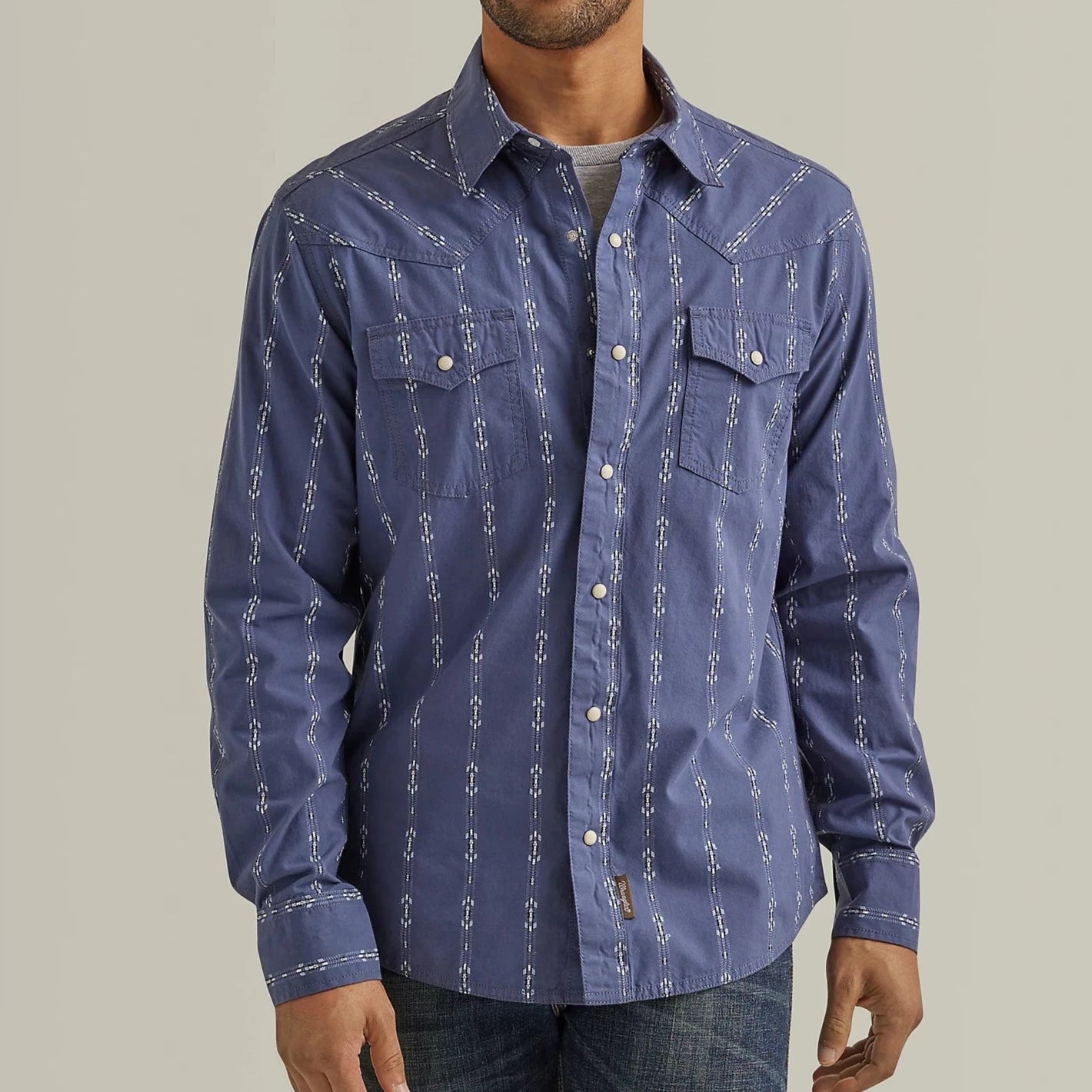 Men’s business plaid shirt-Wrangler Retro Men's Premium Western Snap Southwestern Print Shirt in Vintage Indigo