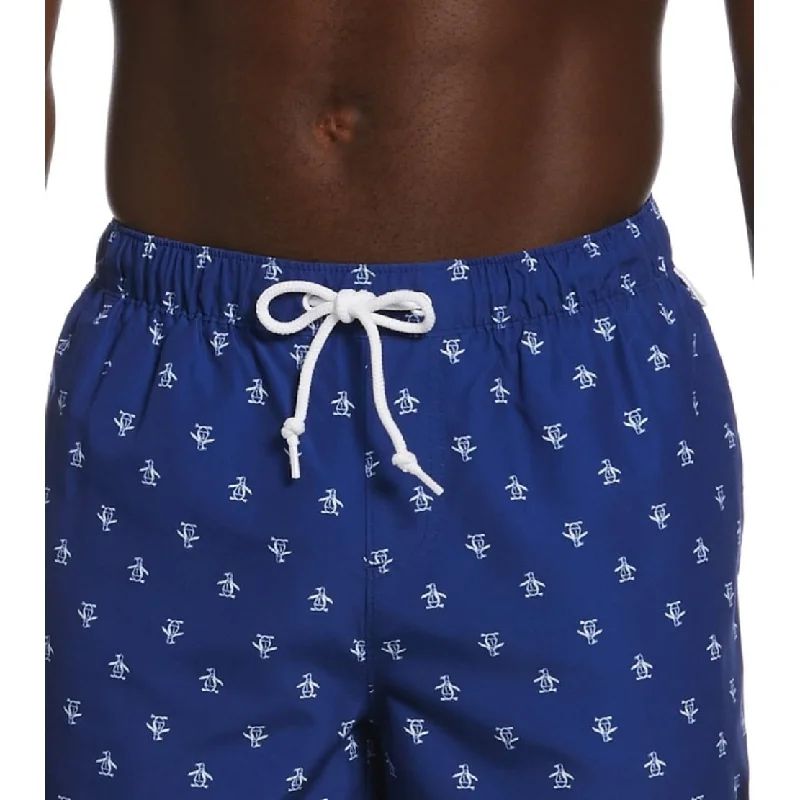 Men’s distressed slim pants-Original Penguin Men's Pete Print Swim Shorts Blue Size Small