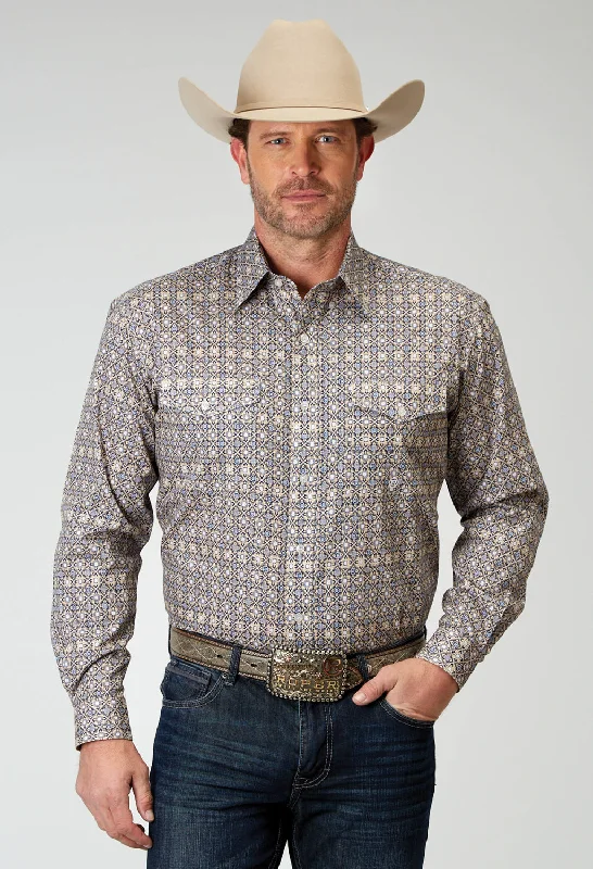 Men’s slim-fit flannel shirt-Roper Mens 1931 Western Foulard Khaki 100% Cotton Btn L/S Shirt