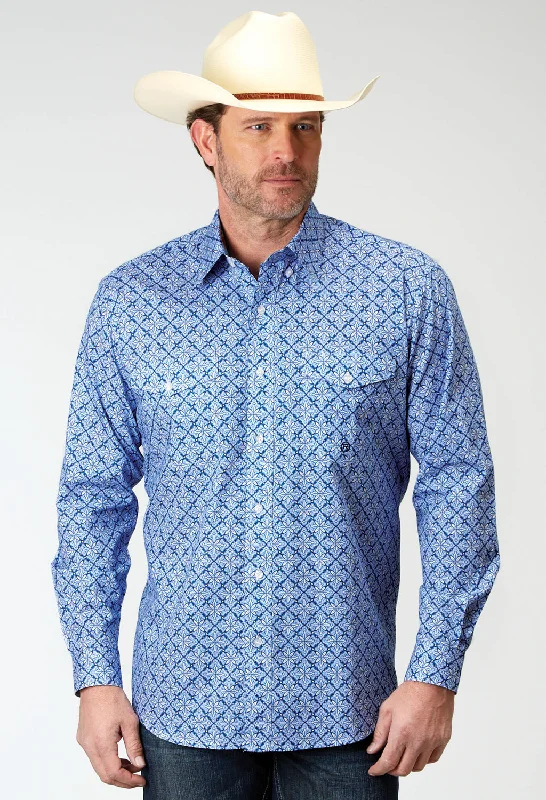 Men’s casual solid shirt-Roper Mens 1932 Skies Tie Blue 100% Cotton Btn L/S Shirt