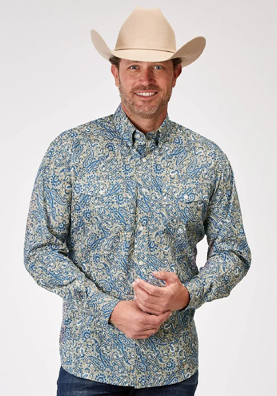 Men’s long-sleeve cotton shirt-Roper Mens 1933 Delft Paisley Blue 100% Cotton Btn L/S Shirt