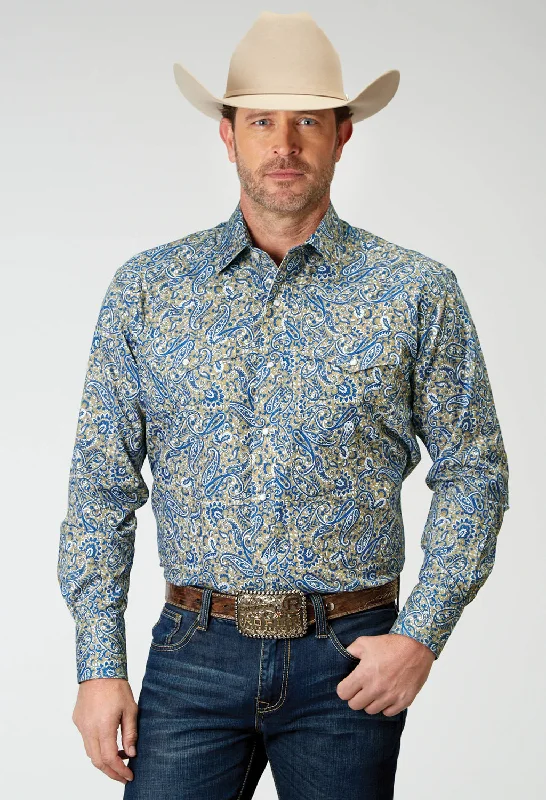 Men’s casual checkered shirt-Roper Mens 1933 Delft Paisley Blue 100% Cotton L/S Shirt