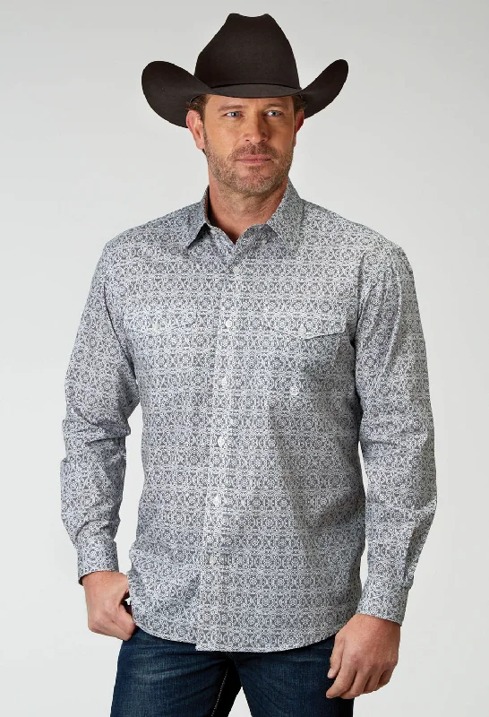 Men’s lightweight plaid shirt-Roper Mens 1934 Silver Medallion Grey 100% Cotton Btn L/S Shirt